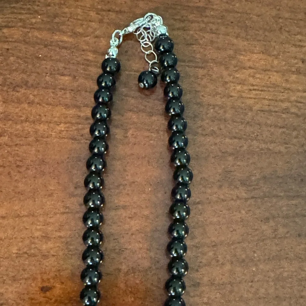Blue Milky Opal, Simulated, Silver Plated Pendant, Black Beaded Boho Necklace - Picture 4 of 11